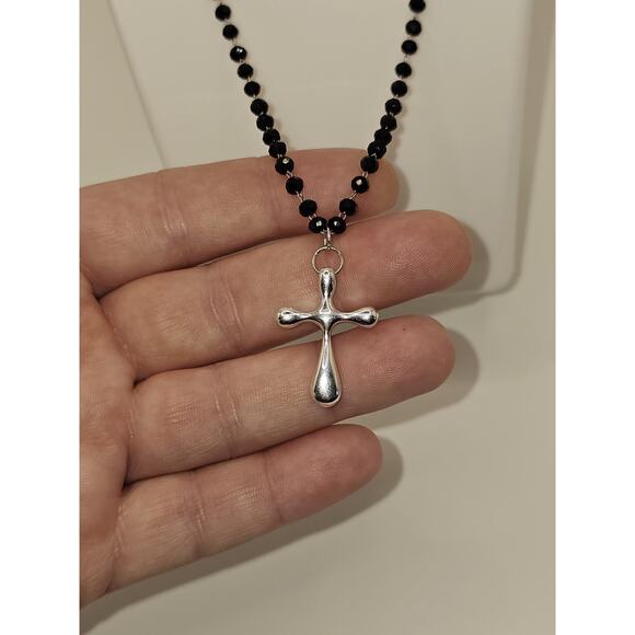 Sterling Silver Cross Necklace Adjustable Black Rosary Chain Lightweight - Picture 4 of 6